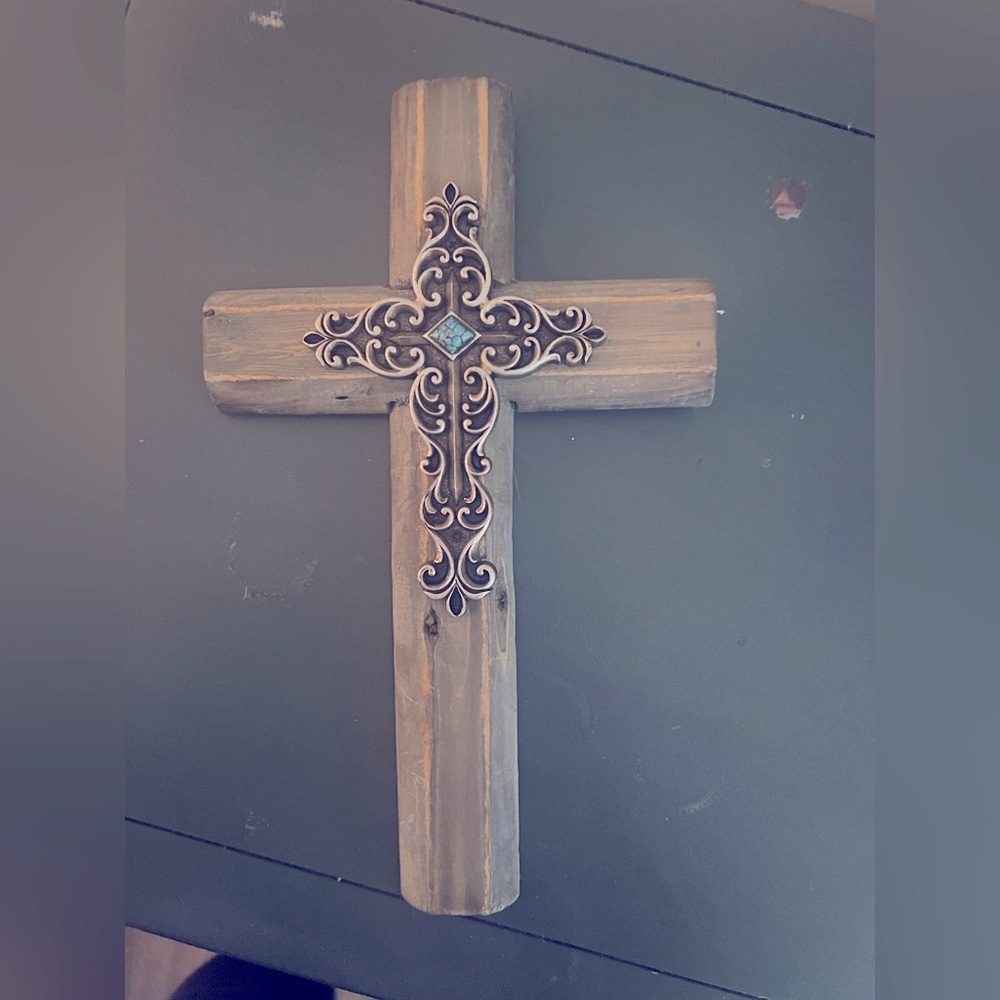 10” distressed wood cross teal rock wall hang decor Rustic home